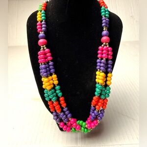 VTG Bohemian Rainbow Colorful Statement Necklace Wood Beads Multi Strand Chunky